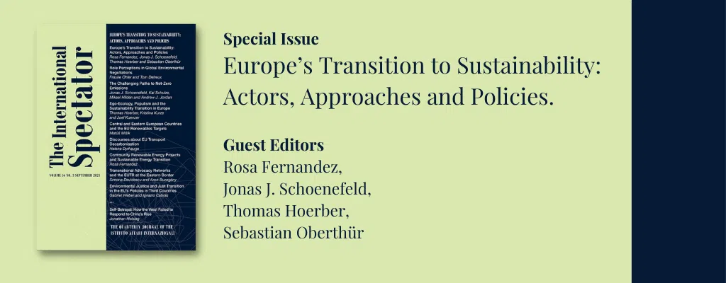 Special issue of The International Spectator, focused on the ecological transition and the European Green Deal. Edited by Rosa Fernandez, Jonas J. Schoenefeld, Thomas Hoerber & Sebastian Oberthür