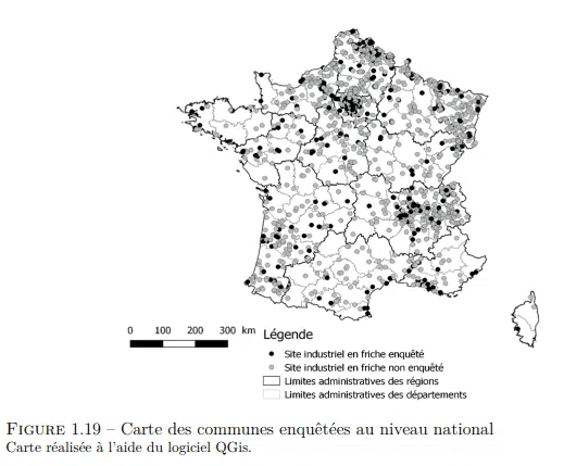 Carte des communes avec une friche pollué, enquêtées au niveau national