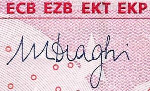 Mario Draghi's signature on the 500 € note (source: wikimedia).