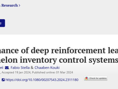 Stranieri, F., Stella, F., & Kouki, C. (2024). Performance of deep reinforcement learning algorithms in two-echelon inventory control systems. International Journal Of Production Research, 1‑16. https://doi.org/10.1080/00207543.2024.2311180