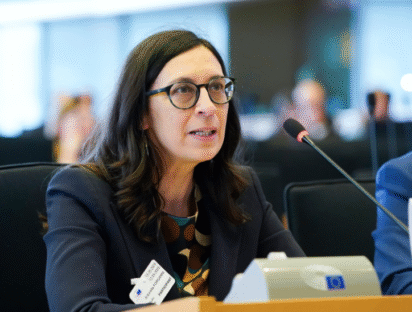 Professor Antonella Forganni speaking during the European Parliament public hearing on space governance, held by the ITRE Committee on 13 May 2025.